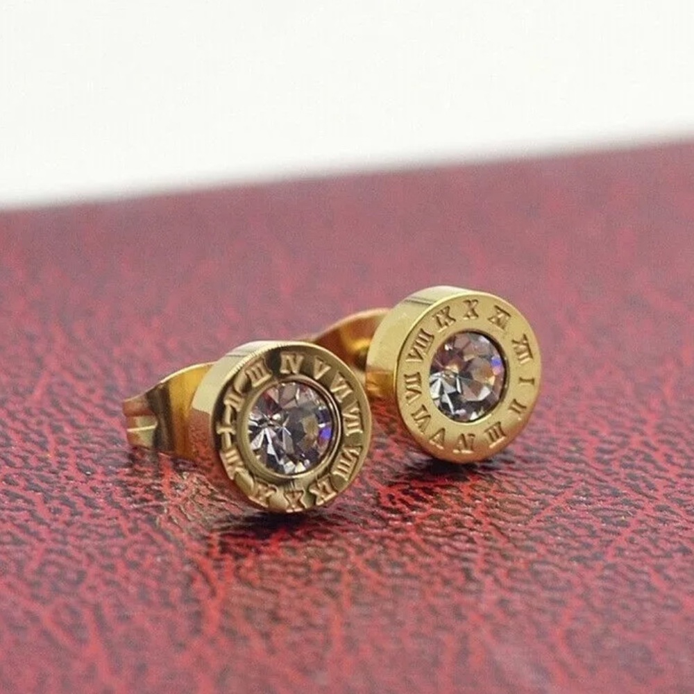 Gold Roman Numeral Crystal Stud Earrings